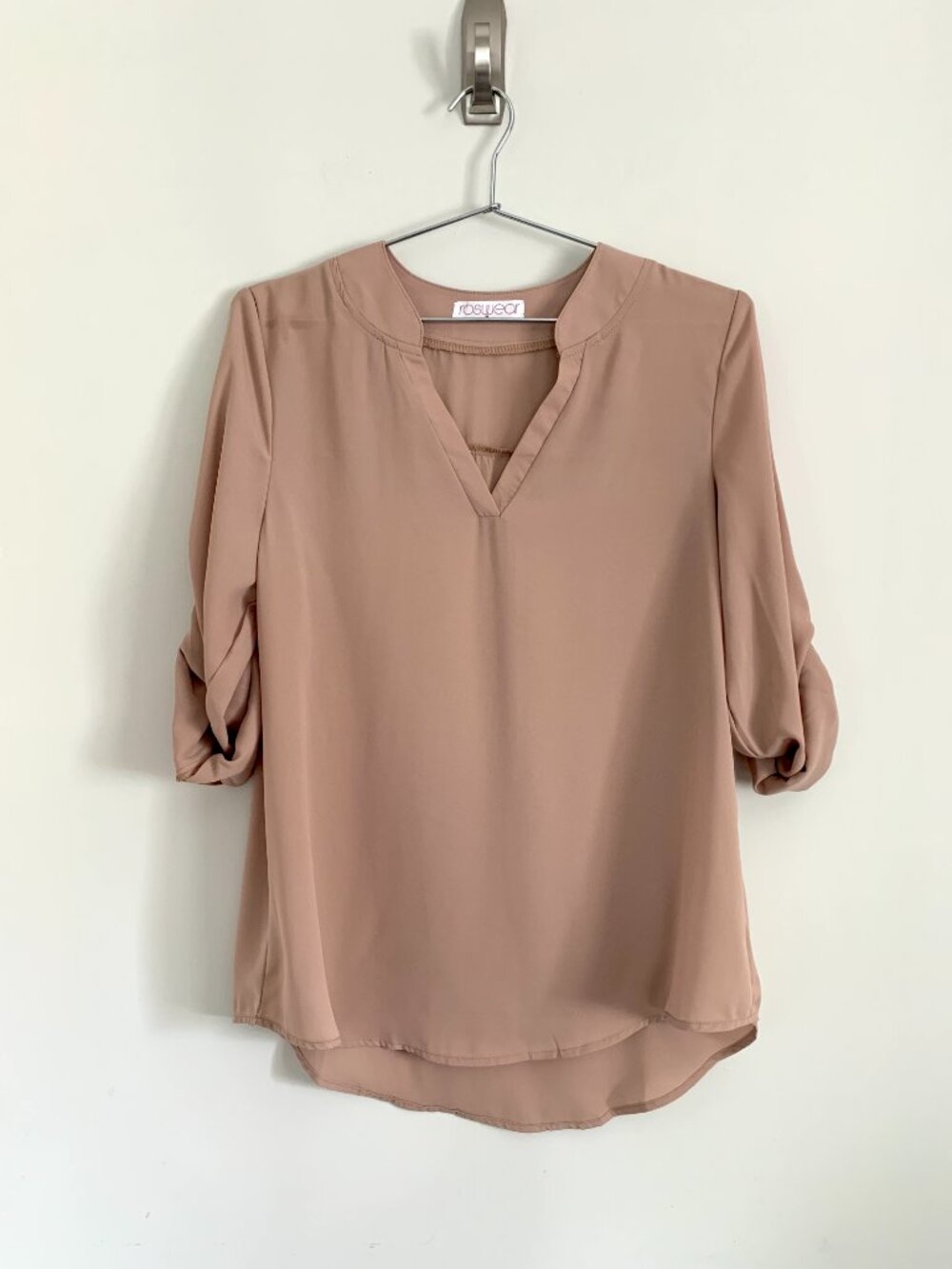 Camel Chiffon V-Neck Roll-Tab Sleeve Blouse Dress Business Casual M